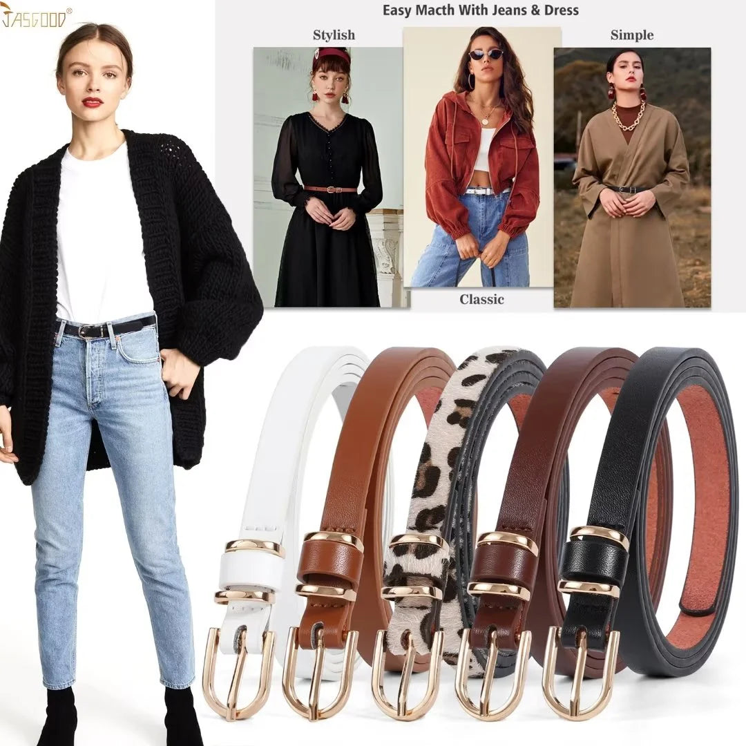 Women Skinny Leather Belts Thin Black and Coffee Belt for Pants Jeans Dresses