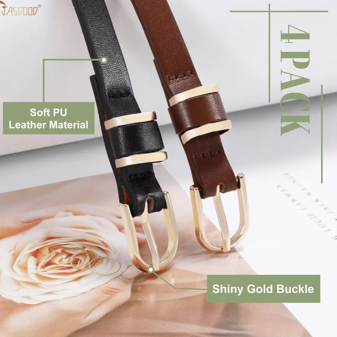 Women Skinny Leather Belts Thin Black and Coffee Belt for Pants Jeans Dresses